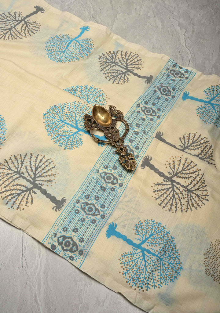 Cream Uppada Handloom Cotton Saree with Tree of life Block Prints on Border and Pallu