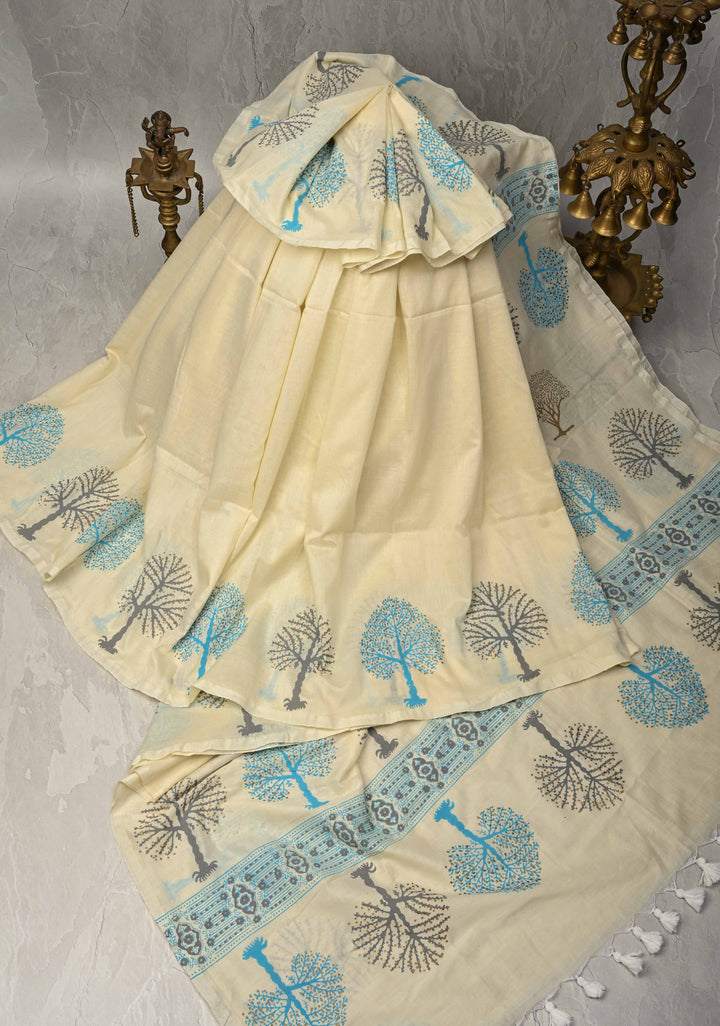 Cream Uppada Handloom Cotton Saree with Tree of life Block Prints on Border and Pallu