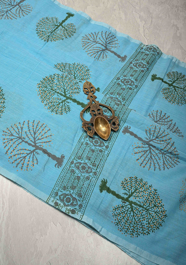 Aqua Blue Uppada Handloom Cotton Saree with Tree of life Buttas on Border and Pallu