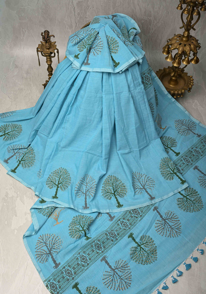 Aqua Blue Uppada Handloom Cotton Saree with Tree of life Buttas on Border and Pallu