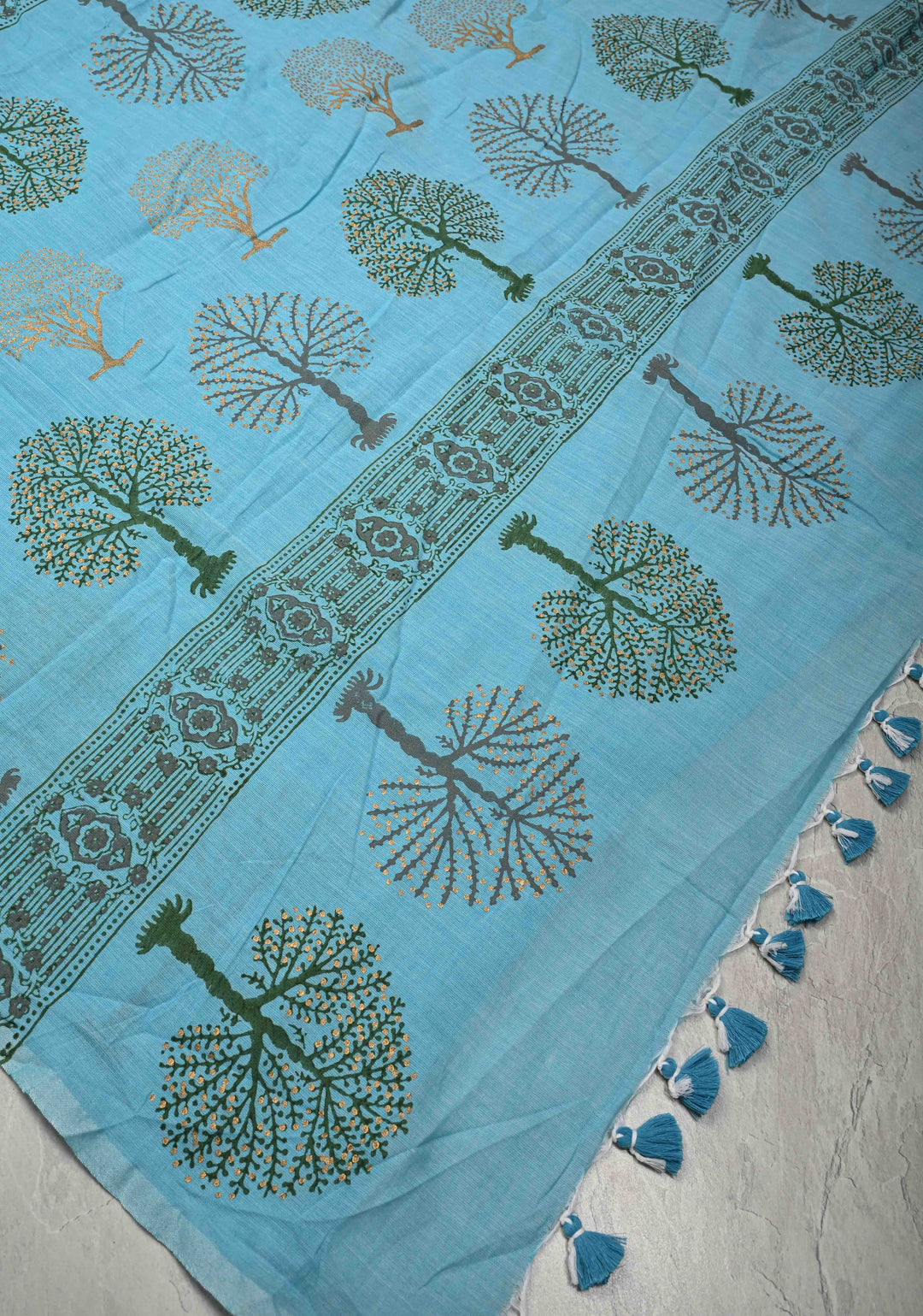 Aqua Blue Uppada Handloom Cotton Saree with Tree of life Buttas on Border and Pallu