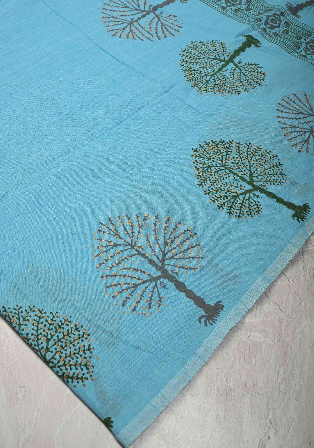 Aqua Blue Uppada Handloom Cotton Saree with Tree of life Buttas on Border and Pallu