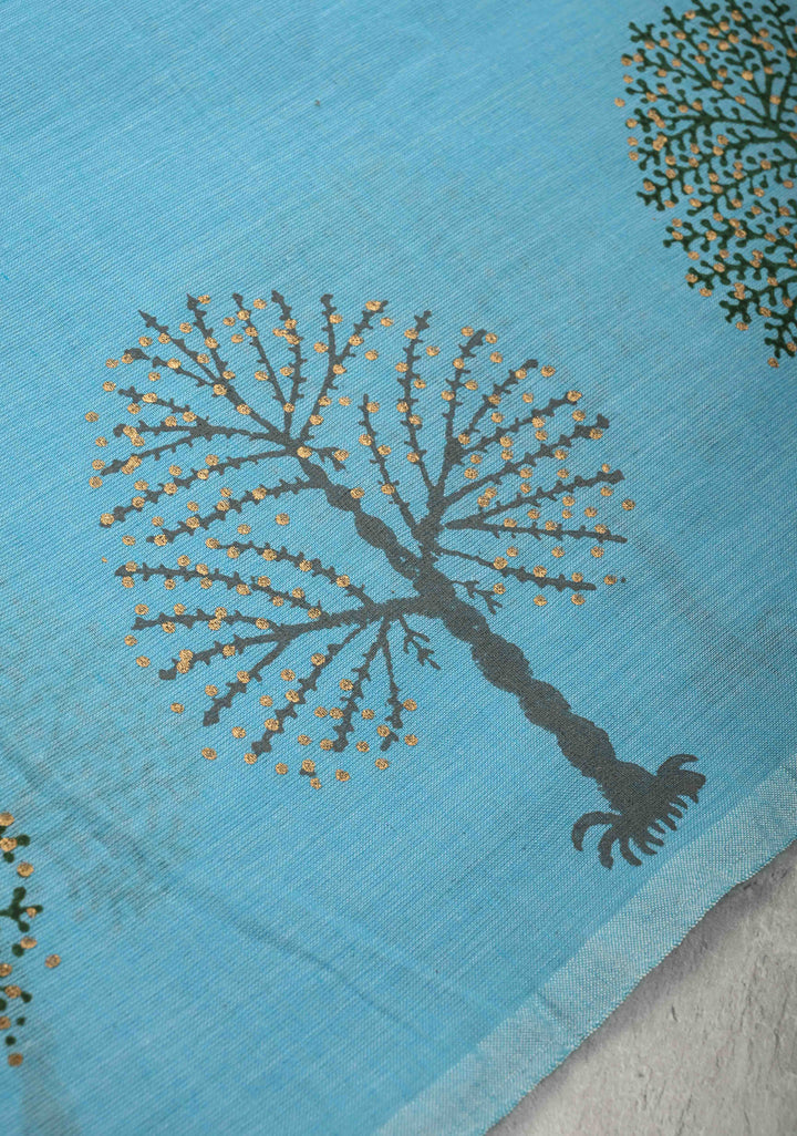 Aqua Blue Uppada Handloom Cotton Saree with Tree of life Buttas on Border and Pallu