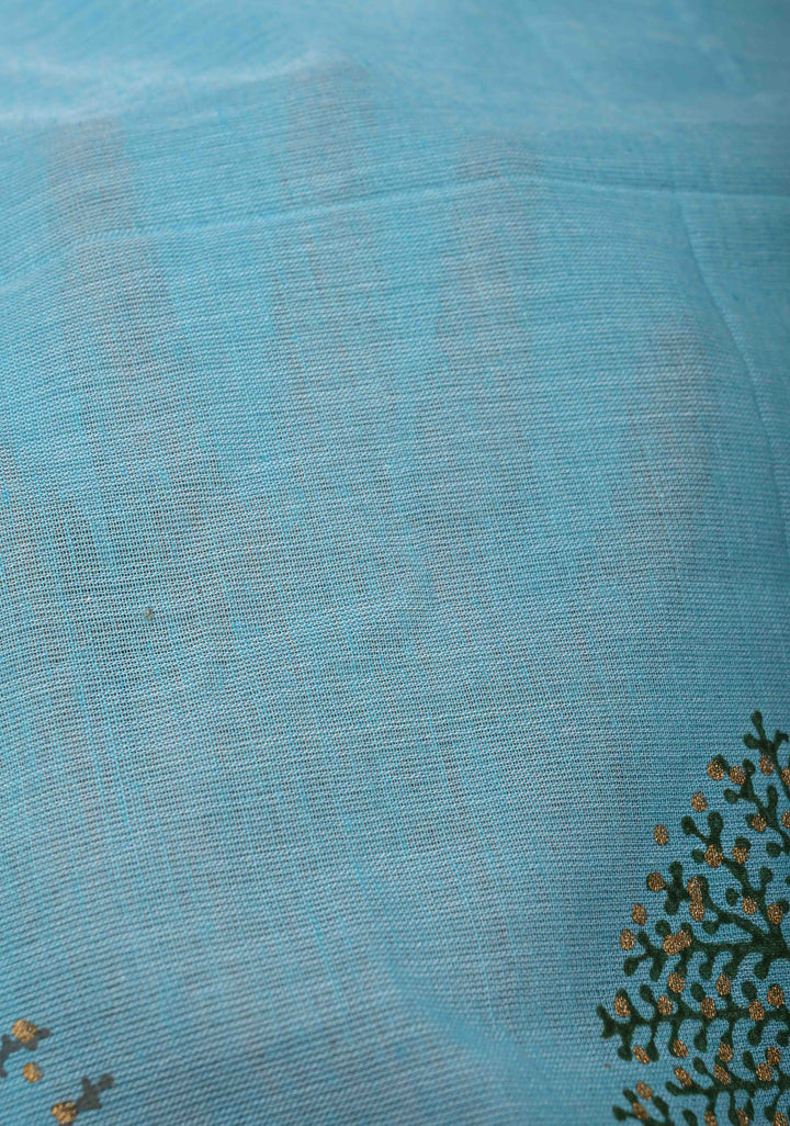 Aqua Blue Uppada Handloom Cotton Saree with Tree of life Buttas on Border and Pallu