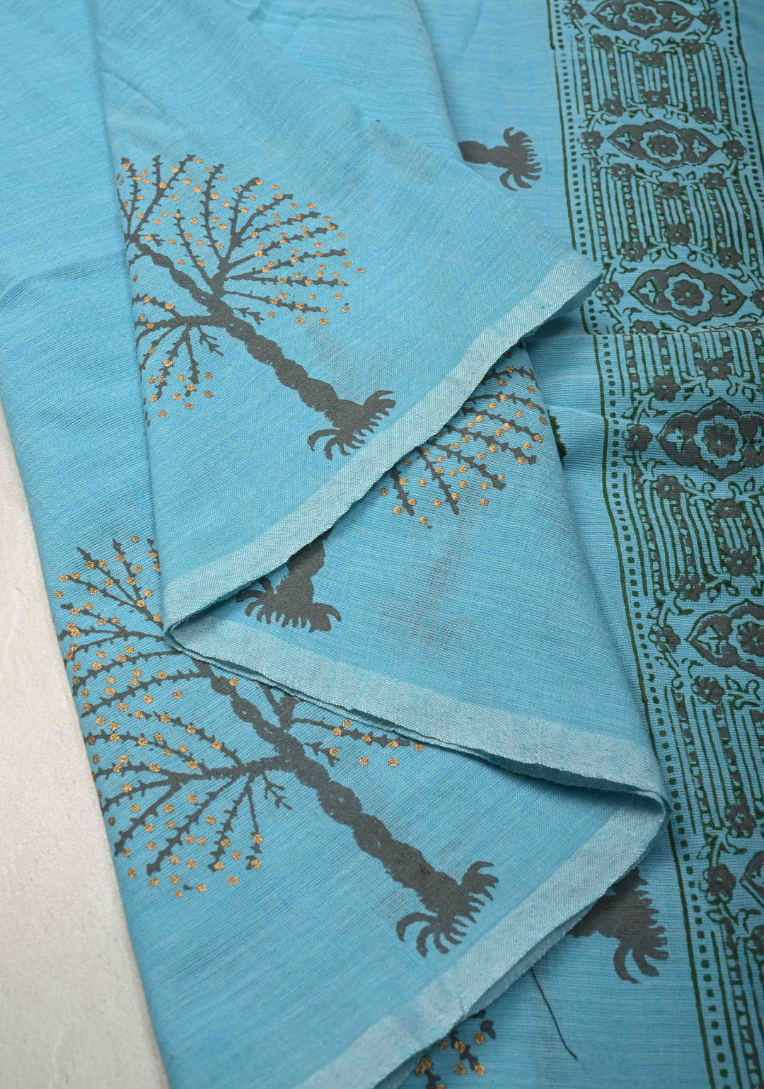 Aqua Blue Uppada Handloom Cotton Saree with Tree of life Buttas on Border and Pallu