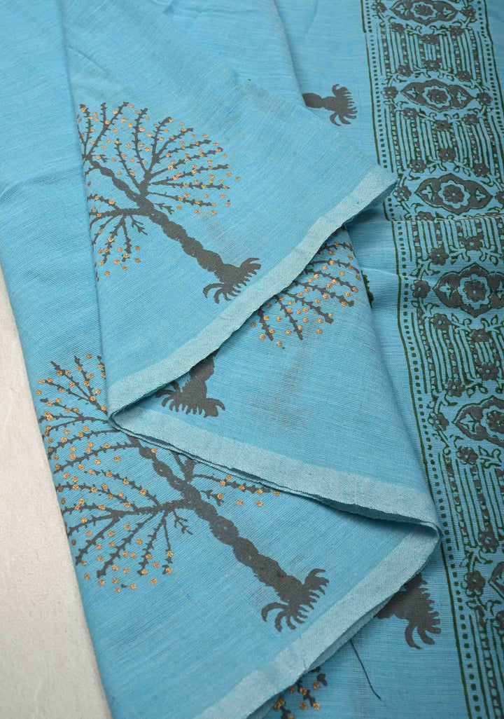 Aqua Blue Uppada Handloom Cotton Saree with Tree of life Buttas on Border and Pallu