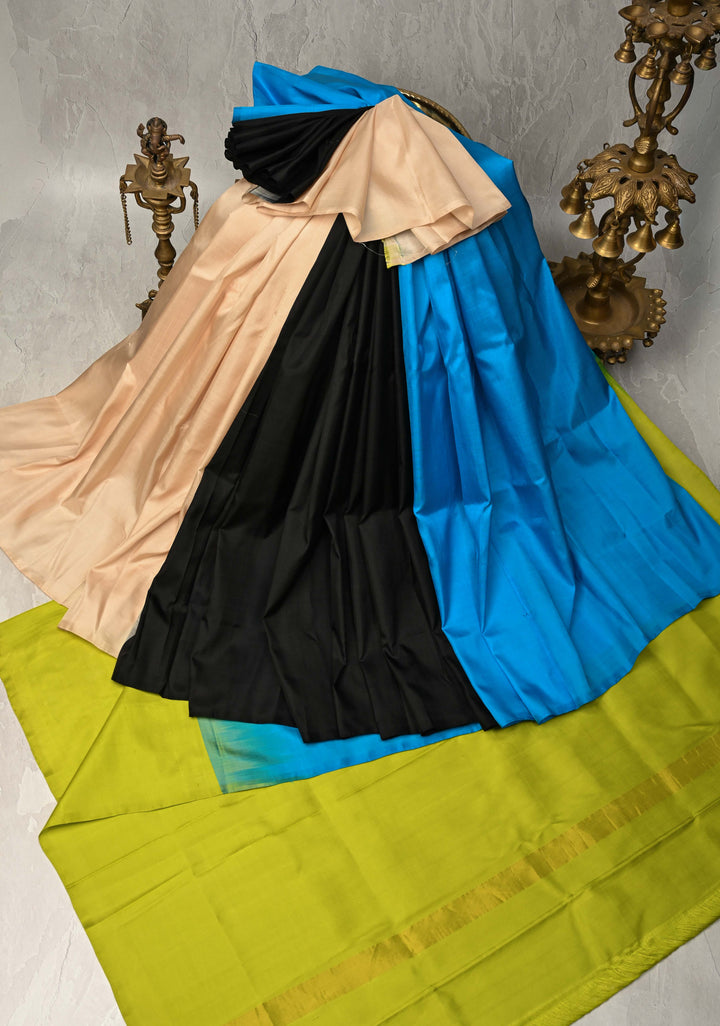 Borderless Off White-Black-Blue Uppada Handloom Pure Silk Saree with Panel Pattern | SILK MARK CERTIFIED