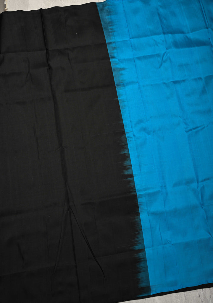 Borderless Off White-Black-Blue Uppada Handloom Pure Silk Saree with Panel Pattern | SILK MARK CERTIFIED