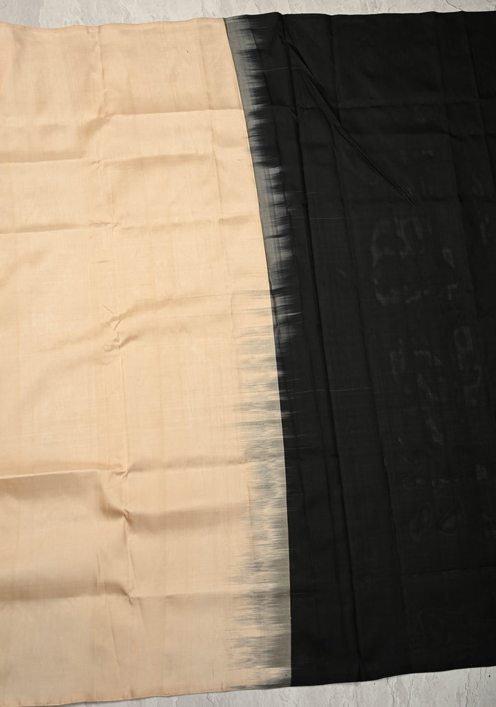 Borderless Off White-Black-Blue Uppada Handloom Pure Silk Saree with Panel Pattern | SILK MARK CERTIFIED