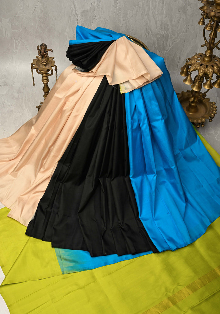 Borderless Off White-Black-Blue Uppada Handloom Pure Silk Saree with Panel Pattern | SILK MARK CERTIFIED