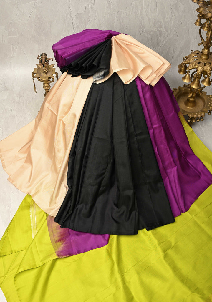 Borderless Cream-Black-Purple Uppada Handloom Silk Saree with Panel Pattern | SILK MARK CERTIFIED