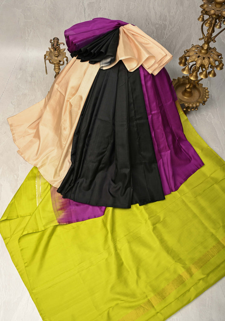 Borderless Cream-Black-Purple Uppada Handloom Silk Saree with Panel Pattern | SILK MARK CERTIFIED