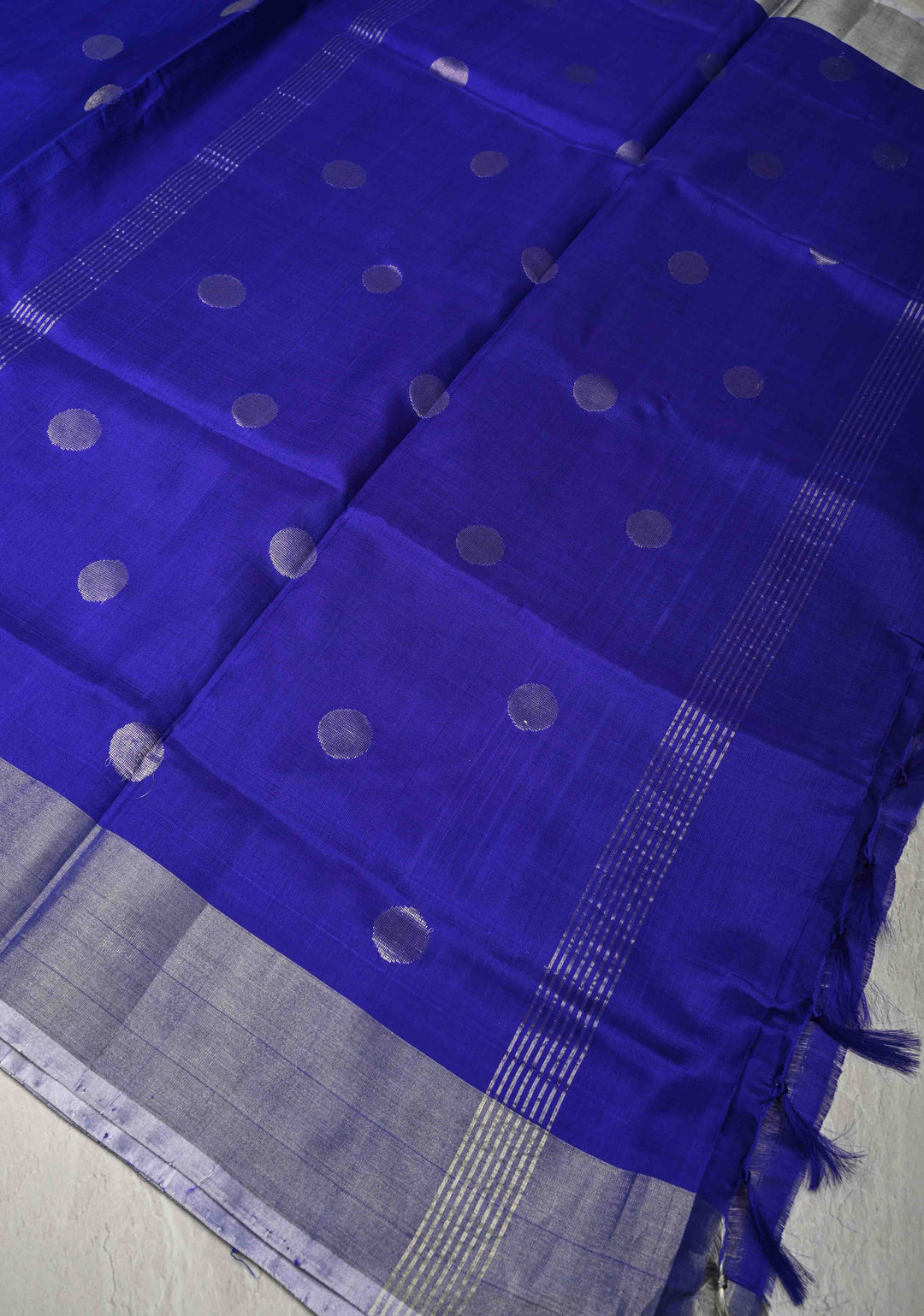 Ink Blue Purple Uppada Handloom Silk Saree with Polka Dotts and Silver Zari Border | SILK MARK CERTIFIED