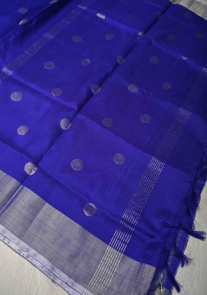 Ink Blue Purple Uppada Handloom Silk Saree with Polka Dotts and Silver Zari Border | SILK MARK CERTIFIED