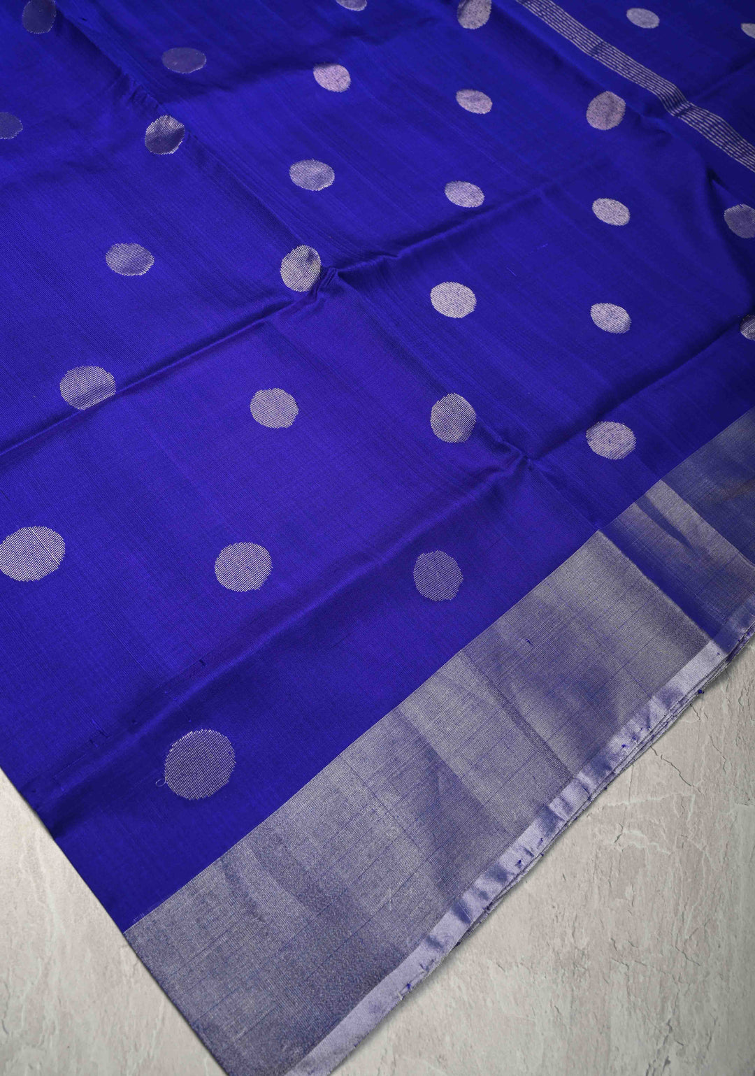 Ink Blue Purple Uppada Handloom Silk Saree with Polka Dotts and Silver Zari Border | SILK MARK CERTIFIED