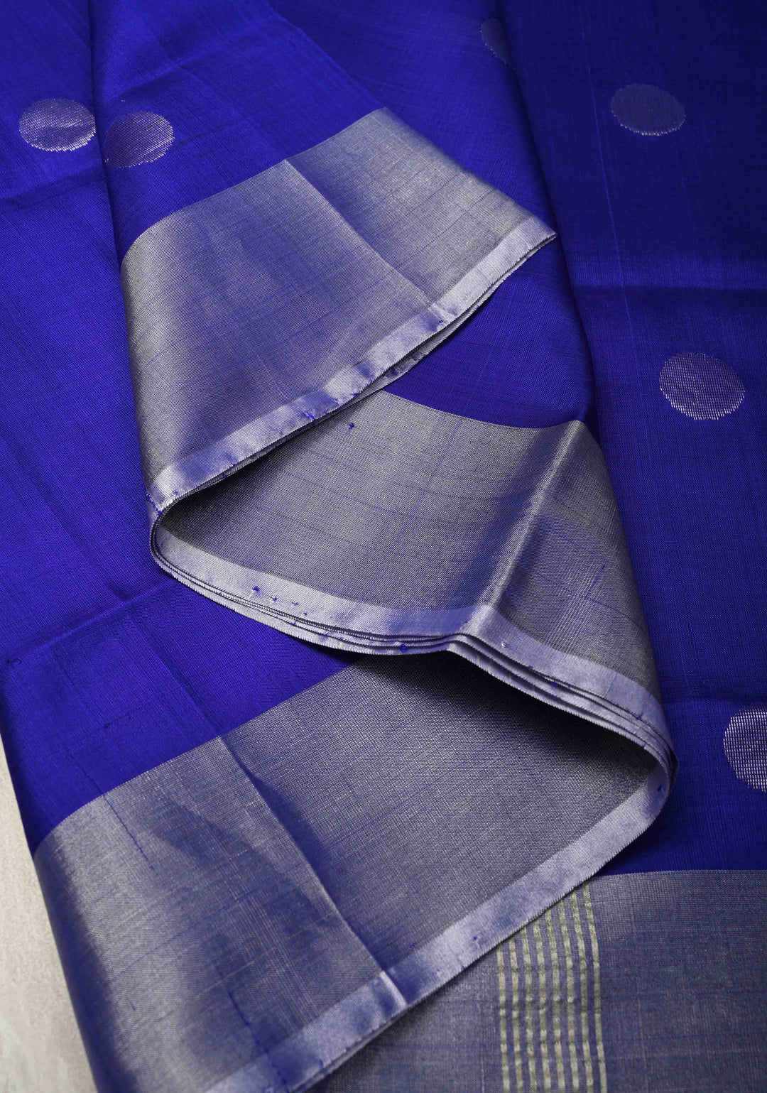 Ink Blue Purple Uppada Handloom Silk Saree with Polka Dotts and Silver Zari Border | SILK MARK CERTIFIED