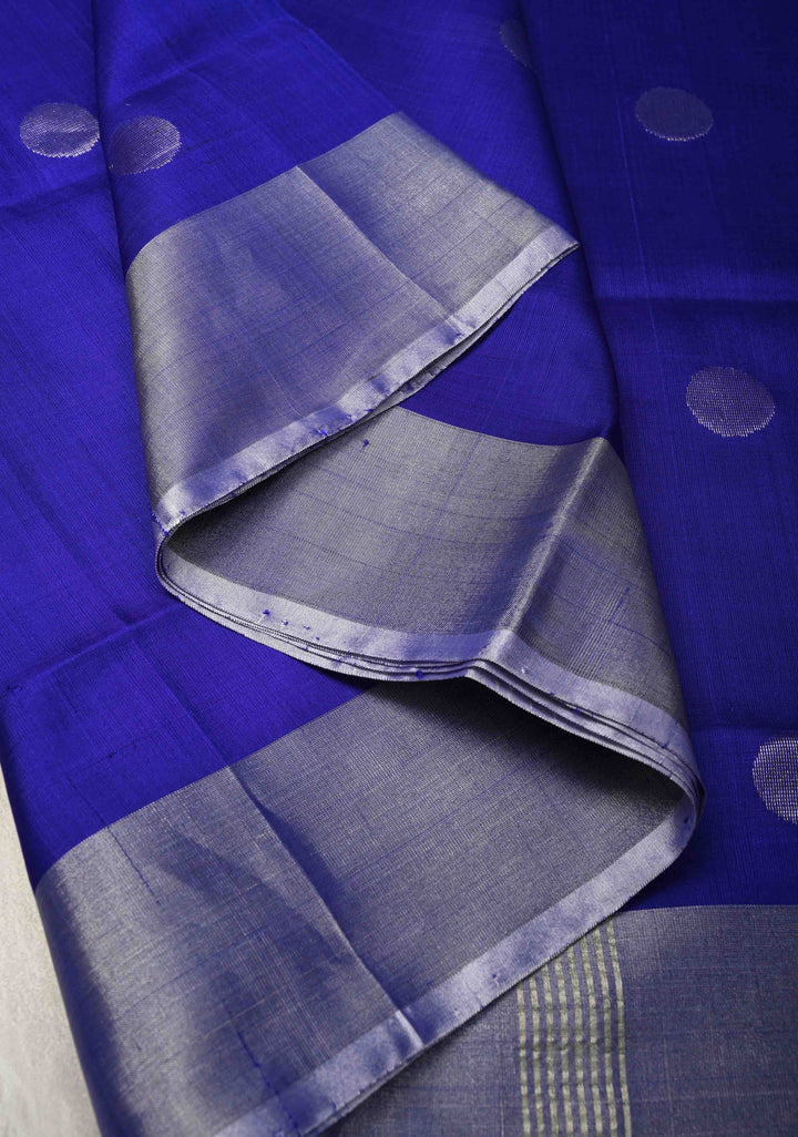 Ink Blue Purple Uppada Handloom Silk Saree with Polka Dotts and Silver Zari Border | SILK MARK CERTIFIED