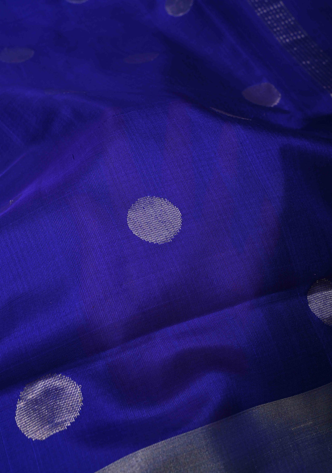 Ink Blue Purple Uppada Handloom Silk Saree with Polka Dotts and Silver Zari Border | SILK MARK CERTIFIED