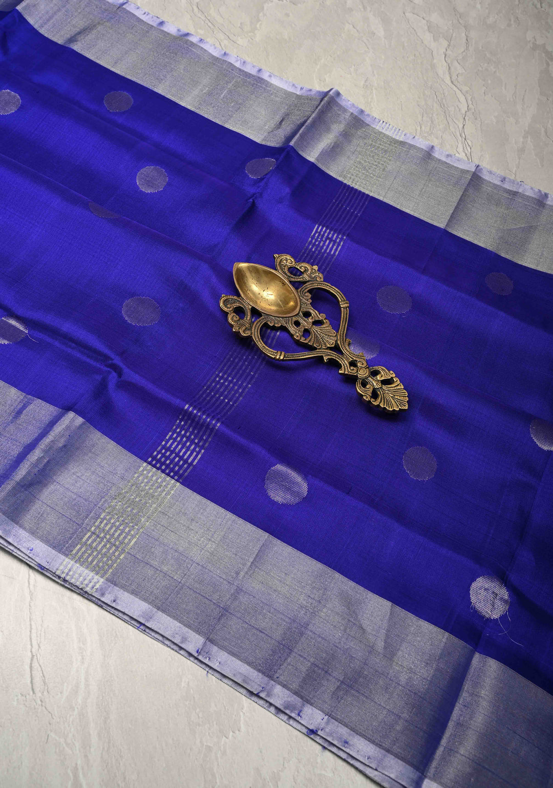 Ink Blue Purple Uppada Handloom Silk Saree with Polka Dotts and Silver Zari Border | SILK MARK CERTIFIED
