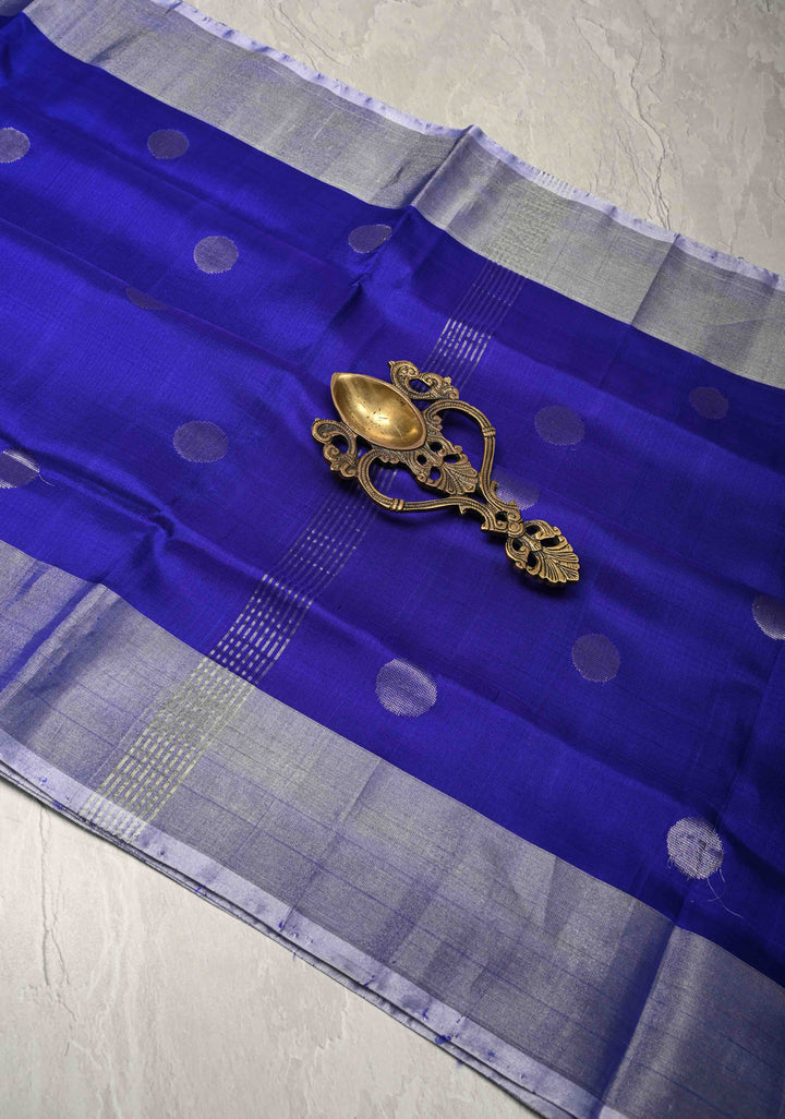 Ink Blue Purple Uppada Handloom Silk Saree with Polka Dotts and Silver Zari Border | SILK MARK CERTIFIED