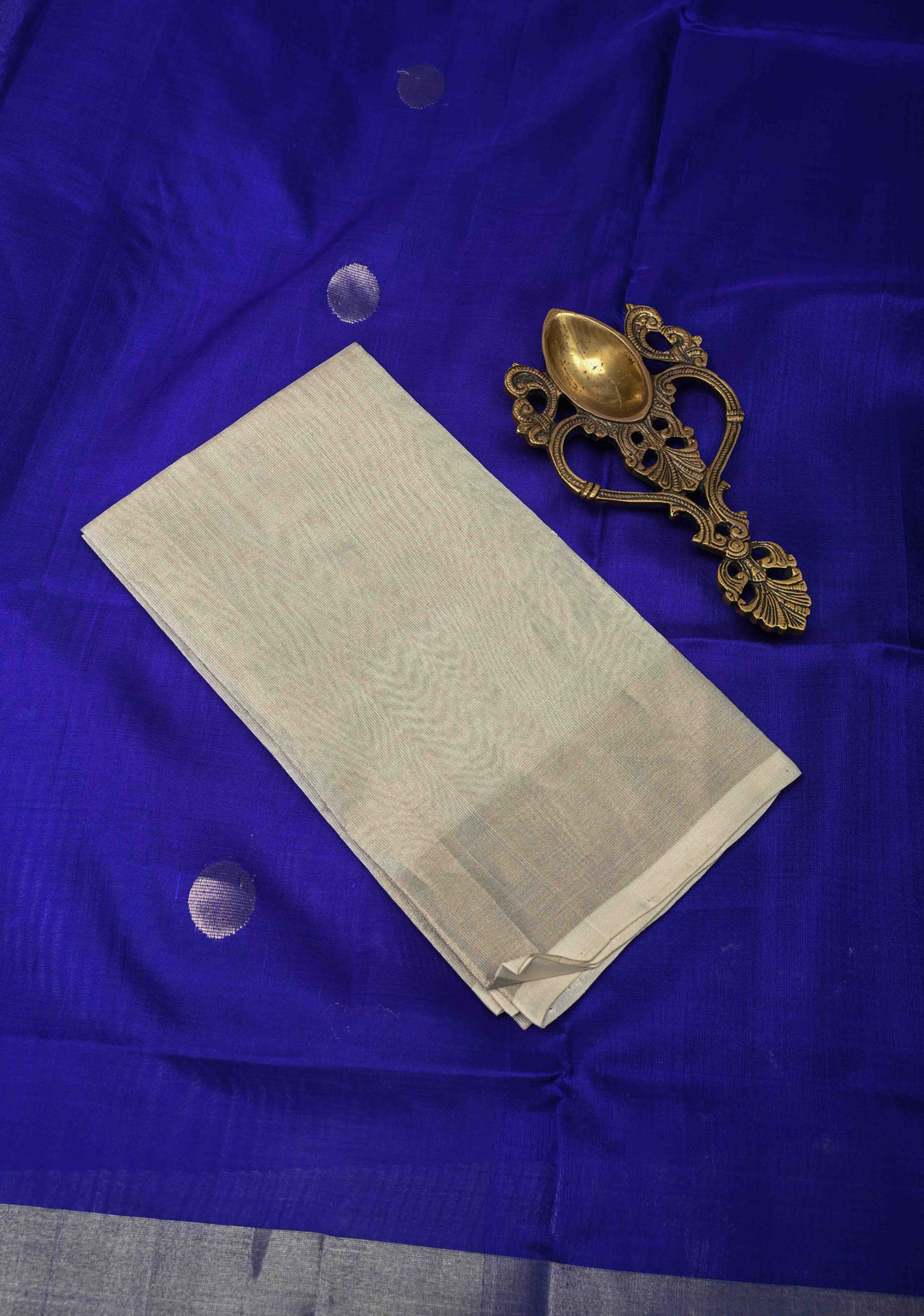 Ink Blue Purple Uppada Handloom Silk Saree with Polka Dotts and Silver Zari Border | SILK MARK CERTIFIED