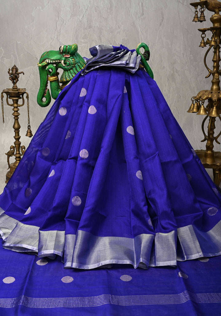 Ink Blue Purple Uppada Handloom Silk Saree with Polka Dotts and Silver Zari Border | SILK MARK CERTIFIED