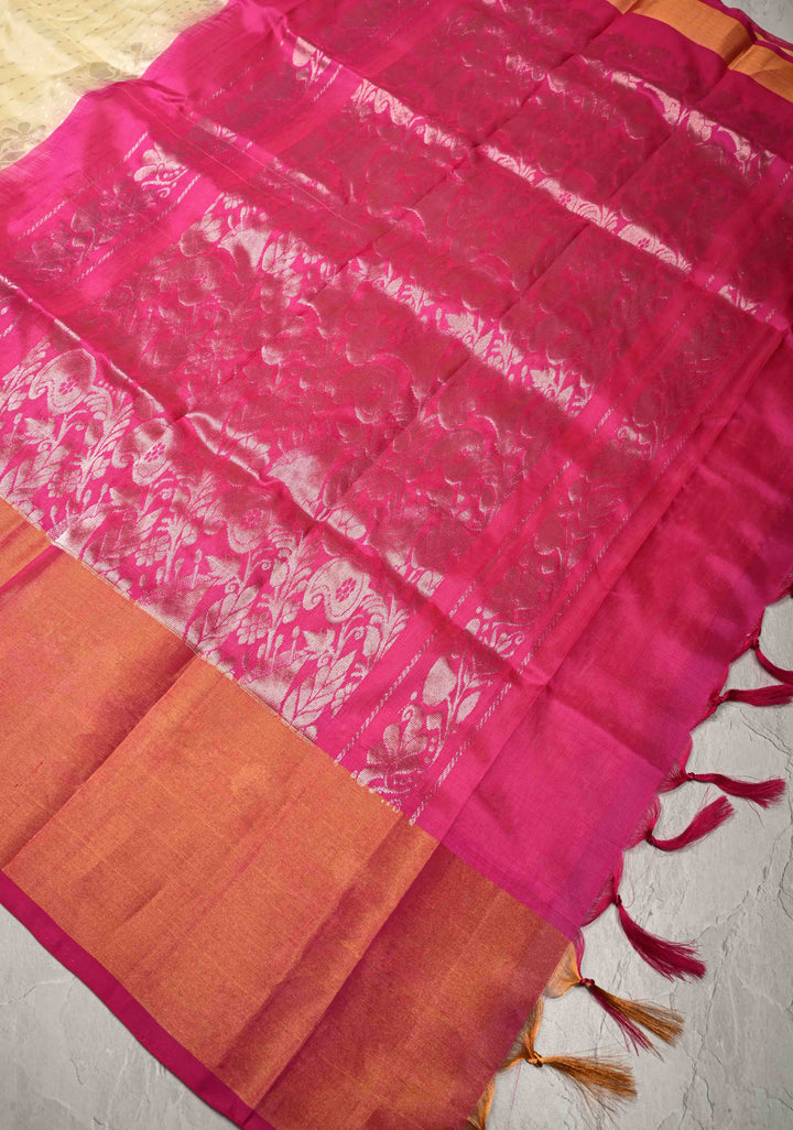Cream Zari Stripes on Uppada Handloom Silk Saree with Buttas and Tissue Border, No Blouse Peice