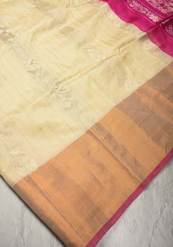 Cream Zari Stripes on Uppada Handloom Silk Saree with Buttas and Tissue Border, No Blouse Peice