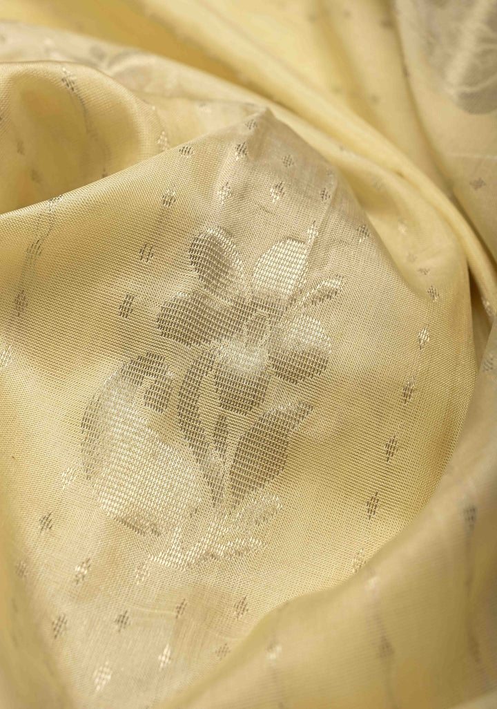 Cream Zari Stripes on Uppada Handloom Silk Saree with Buttas and Tissue Border, No Blouse Peice