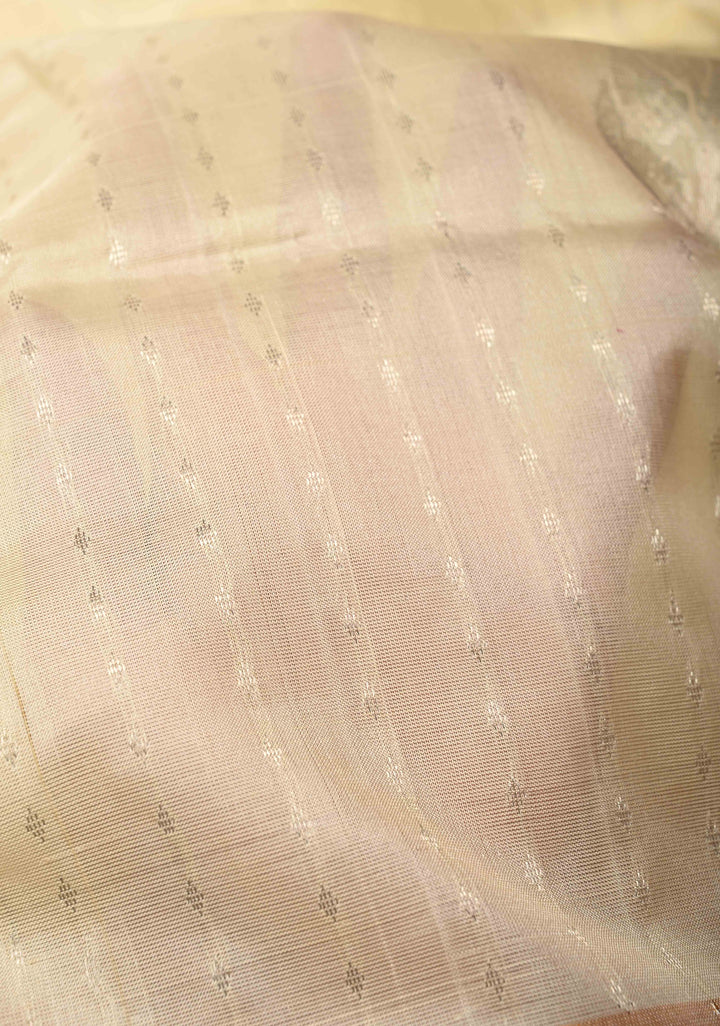 Cream Zari Stripes on Uppada Handloom Silk Saree with Buttas and Tissue Border, No Blouse Peice
