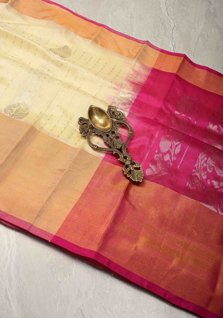 Cream Zari Stripes on Uppada Handloom Silk Saree with Buttas and Tissue Border, No Blouse Peice