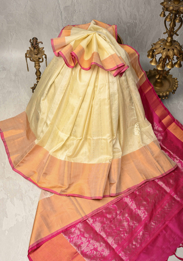 Cream Zari Stripes on Uppada Handloom Silk Saree with Buttas and Tissue Border, No Blouse Peice