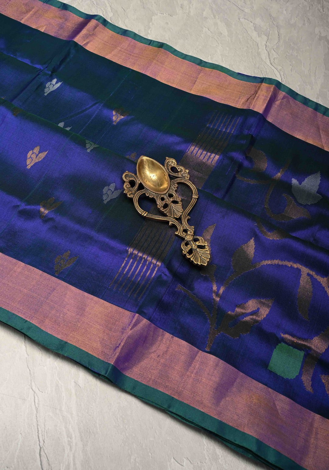 Peacock Blue and Green Dual Tone Uppada Pure Silk Saree with Dual tone Buttas and Zari Border-Meenakari Pallu | SILK MARK CERTIFIED