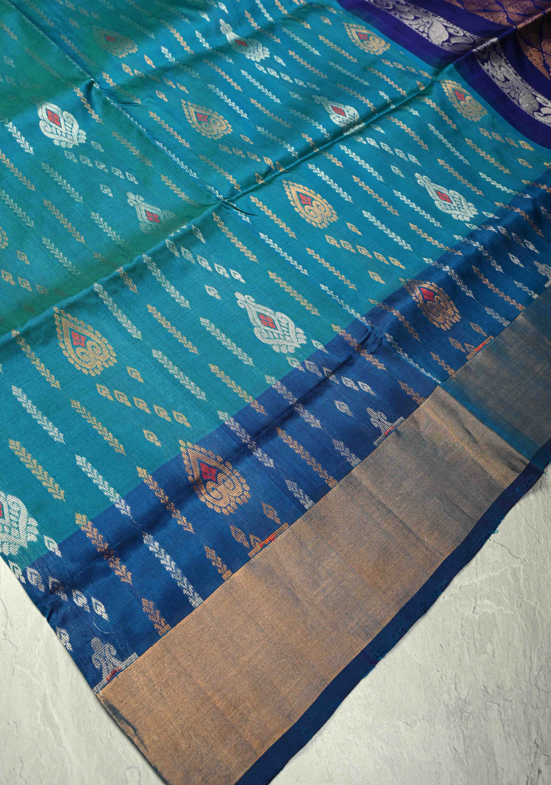 Peacock Blue Green Dual Tone Uppada Handloom Silk Saree with Meenakari Brocade and Tissue Border | SILK MARK CERTIFIED