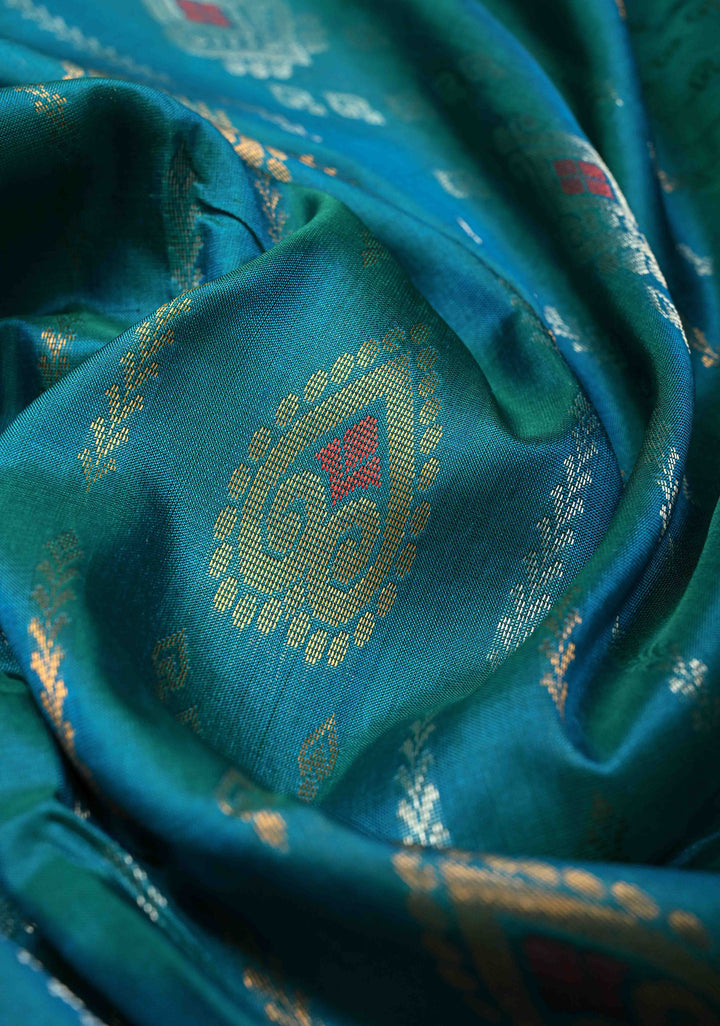 Peacock Blue Green Dual Tone Uppada Handloom Silk Saree with Meenakari Brocade and Tissue Border | SILK MARK CERTIFIED