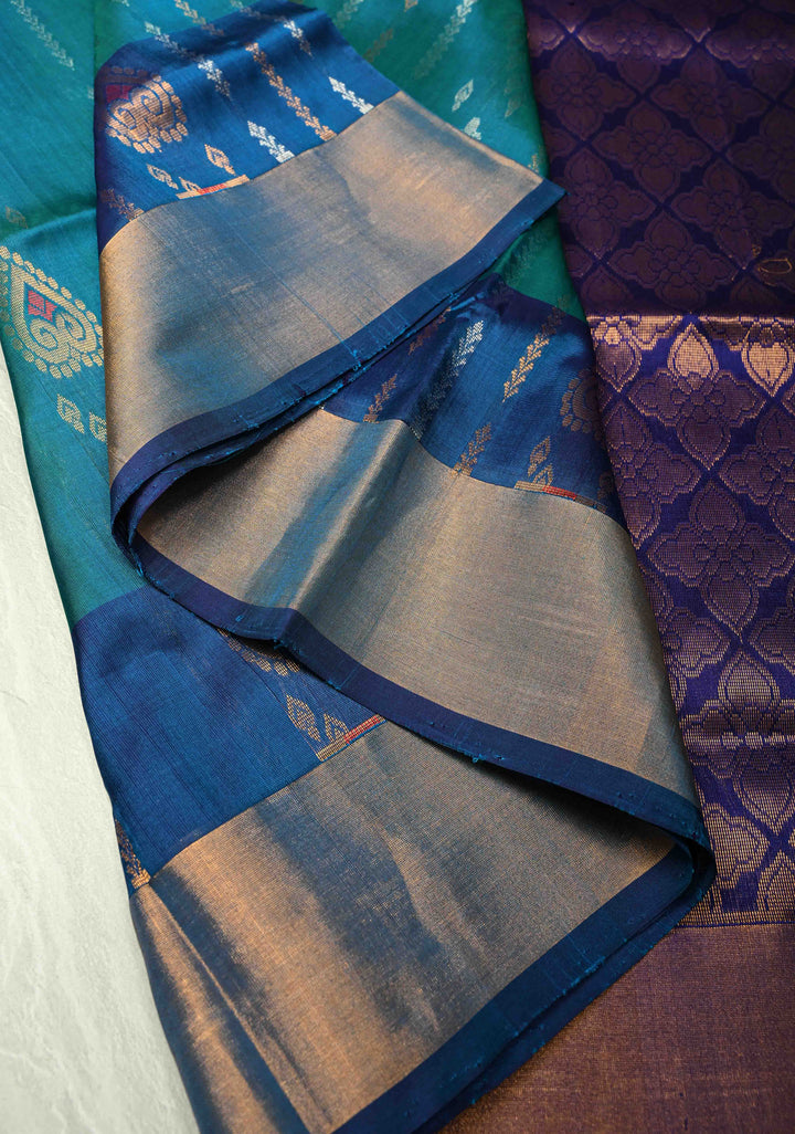 Blue and Green Dual Tone Uppada Handloom Silk Saree with Meenakari Sona Rupa Butta with Tissue Border | SILK MARK CERTIFIED