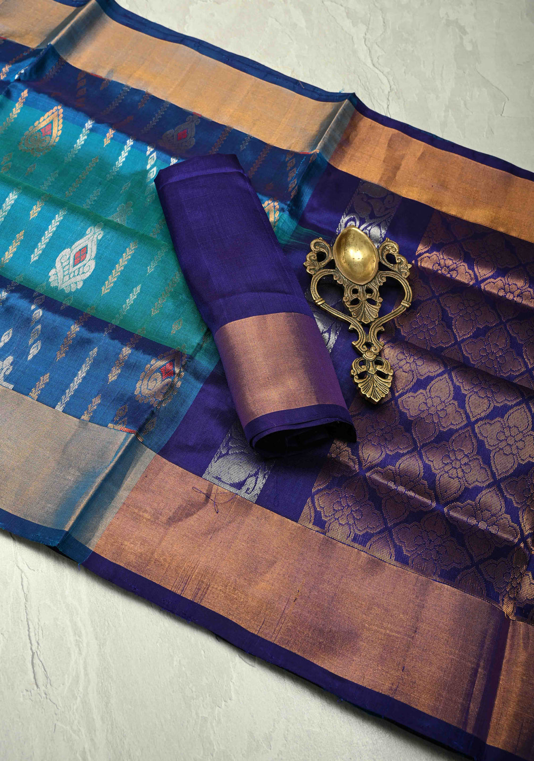 Peacock Blue Green Dual Tone Uppada Handloom Silk Saree with Meenakari Brocade and Tissue Border | SILK MARK CERTIFIED