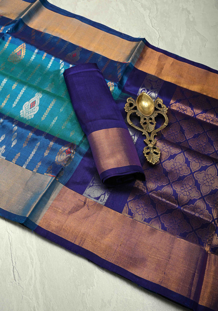 Peacock Blue Green Dual Tone Uppada Handloom Silk Saree with Meenakari Brocade and Tissue Border | SILK MARK CERTIFIED