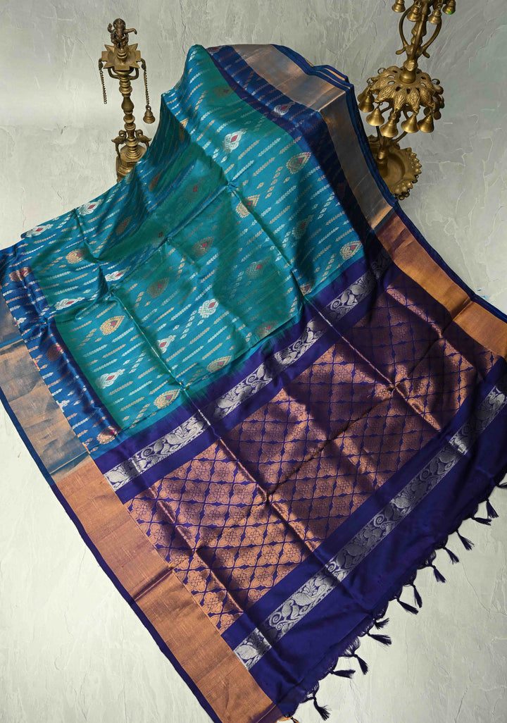 Peacock Blue Green Dual Tone Uppada Handloom Silk Saree with Meenakari Brocade and Tissue Border | SILK MARK CERTIFIED