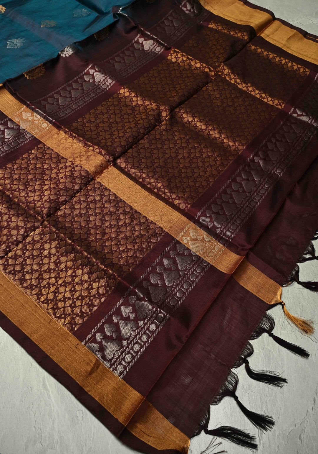 Teal Uppada Handloom Silk Saree with Sona Rupa Buttas and Contrast Brocade Border| SILK MARK CERTIFIED