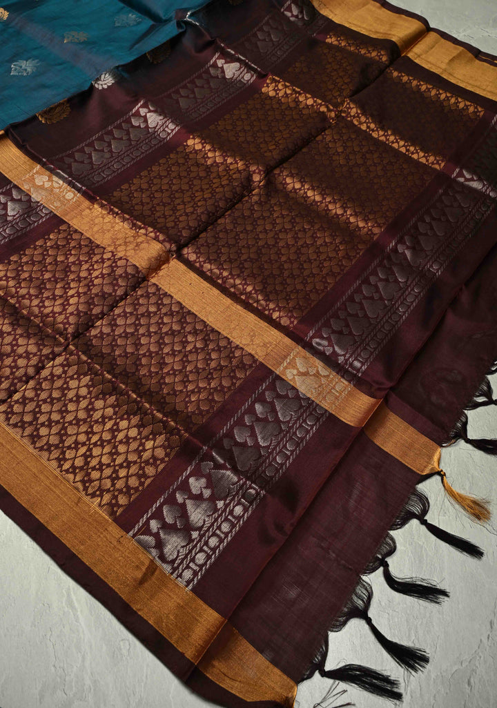 Teal Uppada Handloom Silk Saree with Sona Rupa Buttas and Contrast Brocade Border| SILK MARK CERTIFIED