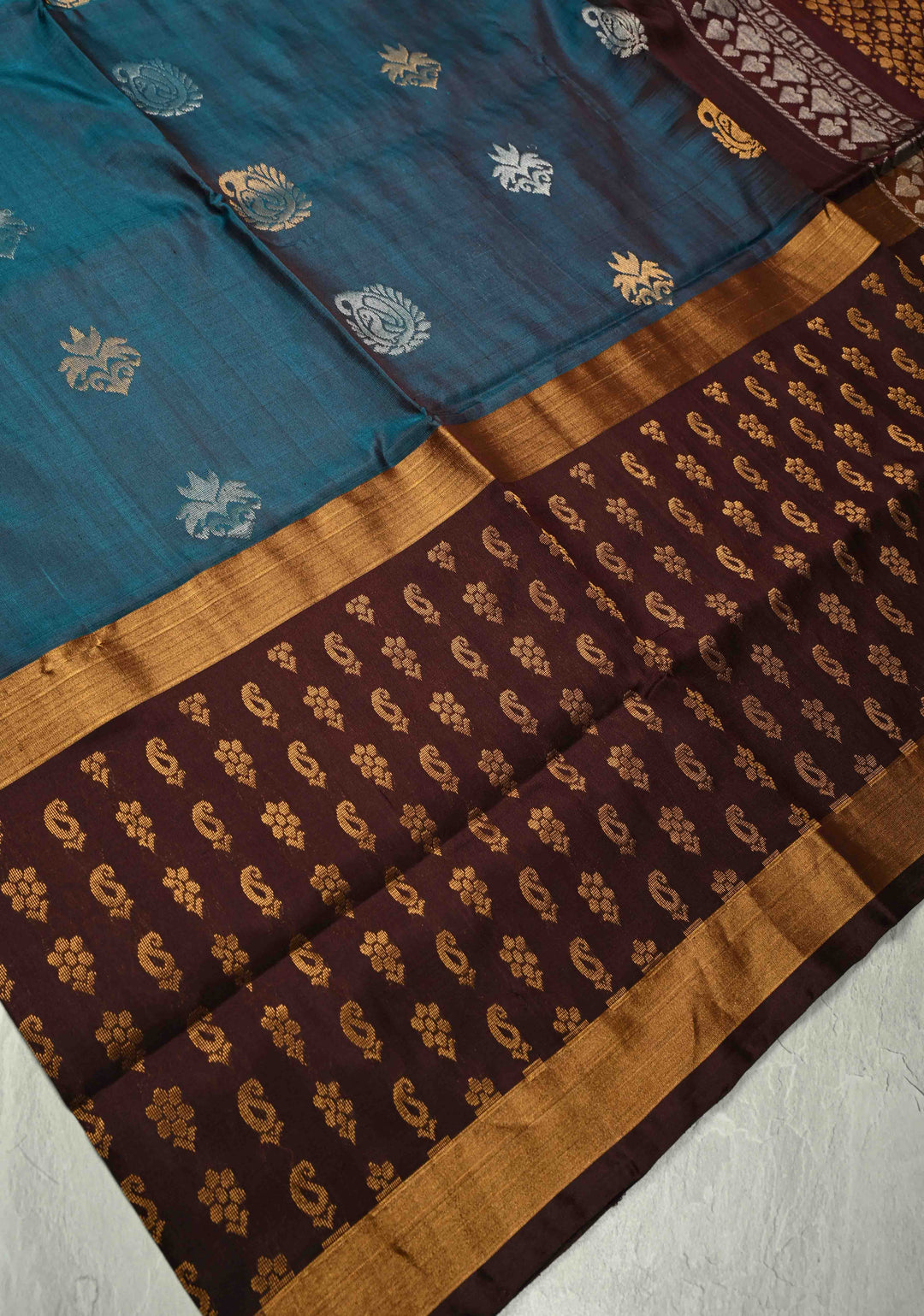 Teal Uppada Handloom Silk Saree with Sona Rupa Buttas and Contrast Brocade Border| SILK MARK CERTIFIED