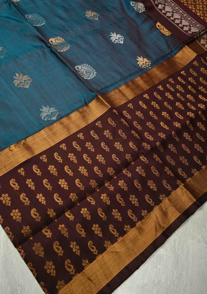 Teal Uppada Handloom Silk Saree with Sona Rupa Buttas and Contrast Brocade Border| SILK MARK CERTIFIED