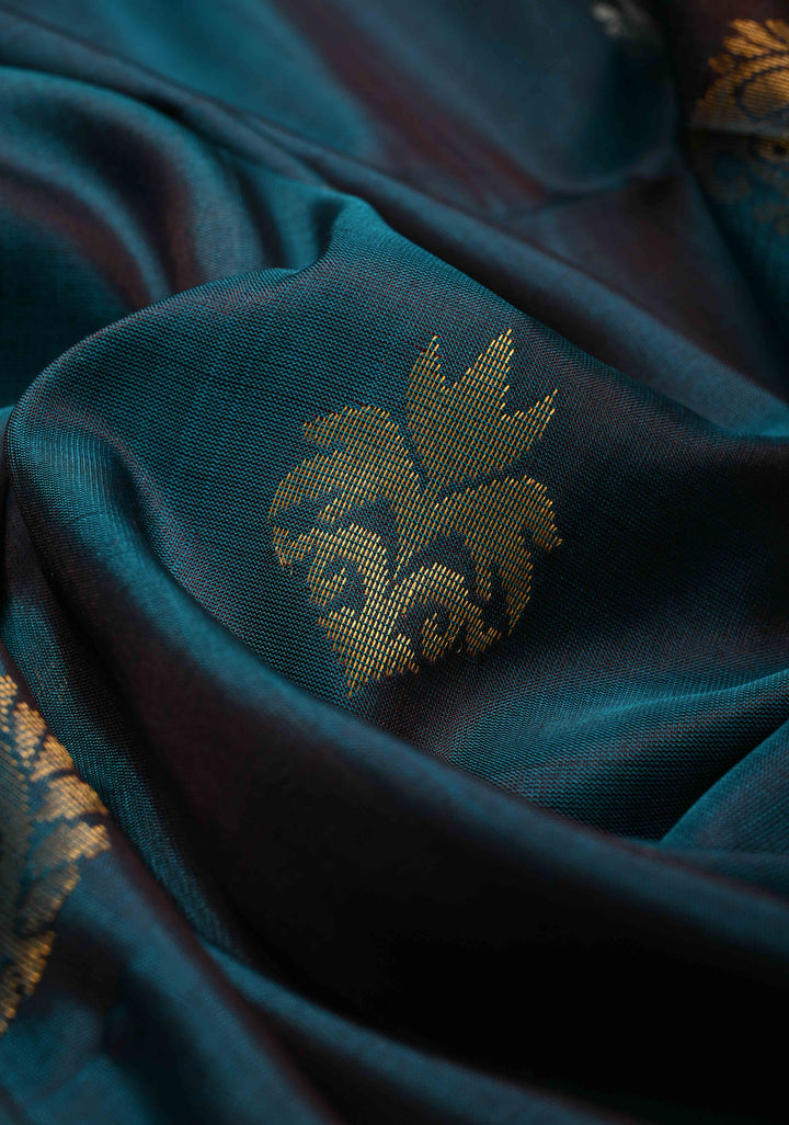 Teal Uppada Handloom Silk Saree with Sona Rupa Buttas and Contrast Brocade Border| SILK MARK CERTIFIED
