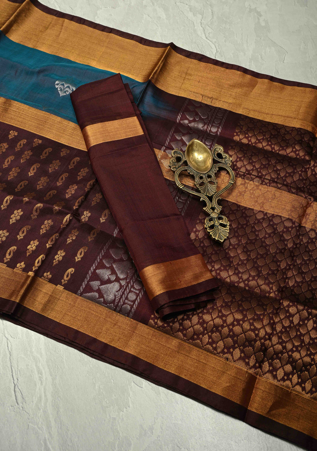 Teal Uppada Handloom Silk Saree with Sona Rupa Buttas and Contrast Brocade Border| SILK MARK CERTIFIED