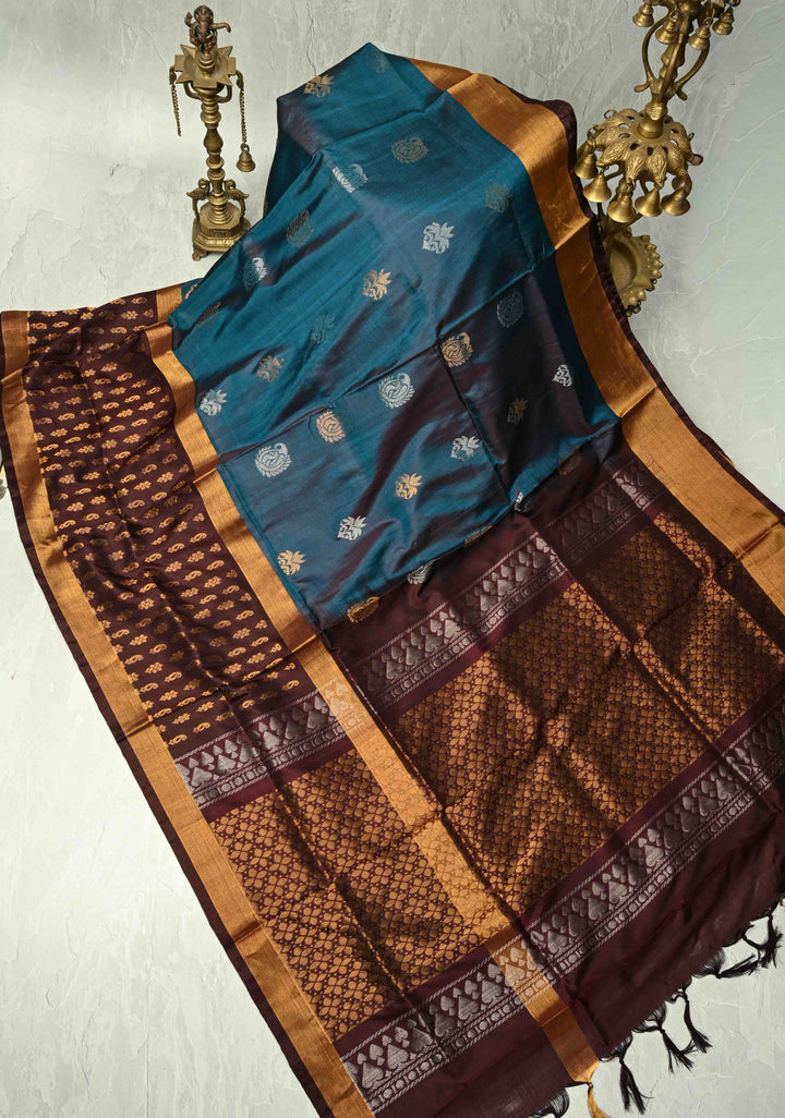 Teal Uppada Handloom Silk Saree with Sona Rupa Buttas and Contrast Brocade Border| SILK MARK CERTIFIED