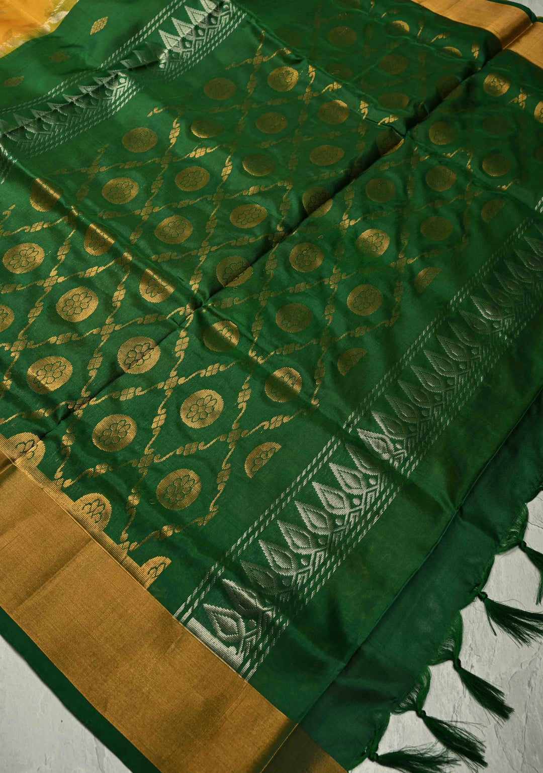 Mustard Yellow Sona Rupa Buttas-Stripes on Uppada Handloom Silk Saree with Panel and Muted Tissue Zari Border| SILK MARK CERTIFIED