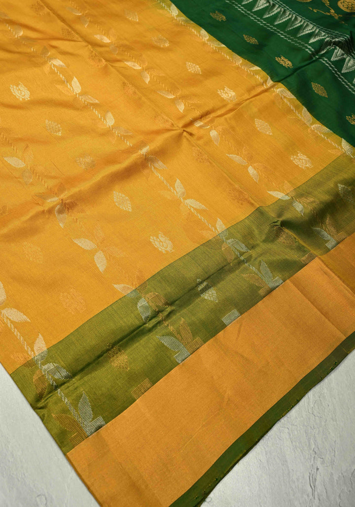 Mustard Yellow Sona Rupa Buttas-Stripes on Uppada Handloom Silk Saree with Panel and Muted Tissue Zari Border| SILK MARK CERTIFIED