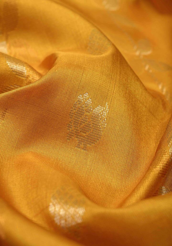 Mustard Yellow Sona Rupa Buttas-Stripes on Uppada Handloom Silk Saree with Panel and Muted Tissue Zari Border| SILK MARK CERTIFIED