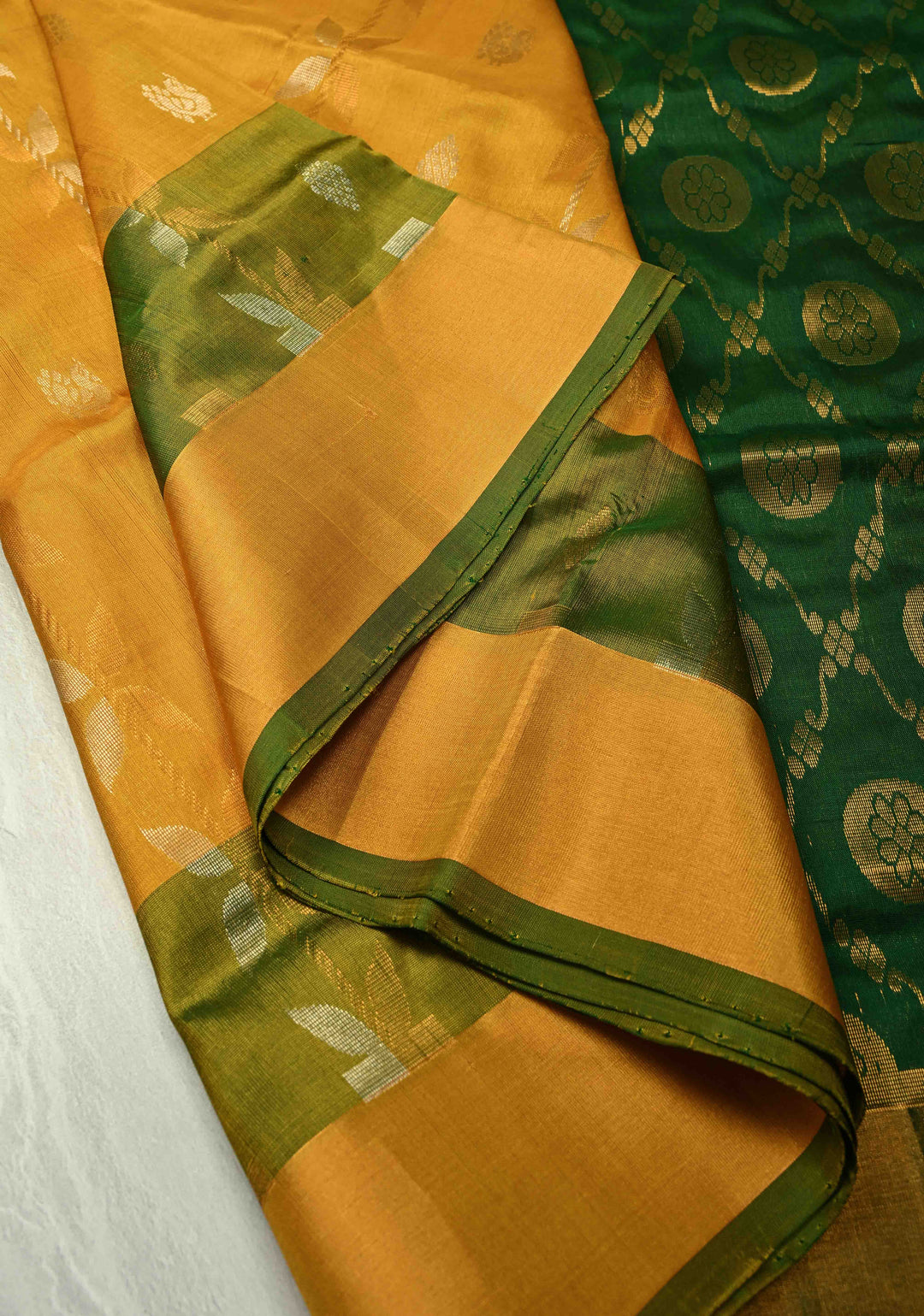 Mustard Yellow Sona Rupa Buttas-Stripes on Uppada Handloom Silk Saree with Panel and Muted Tissue Zari Border| SILK MARK CERTIFIED